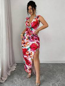 Elenzga Women's Floral Print V-Neck Slit A-Line Dress,White,Summer,Bachelorette Party,Vacation,Holiday,Waist Cinched,Elegant French Retro Mid-Length Fashion - Multicolor - View 8