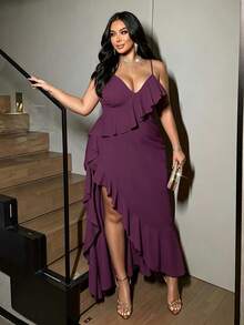 NU&NOW Plus Size Women Solid Color Spaghetti Strap High Slit Ruffle Hem Party Dress - Purple - View 3
