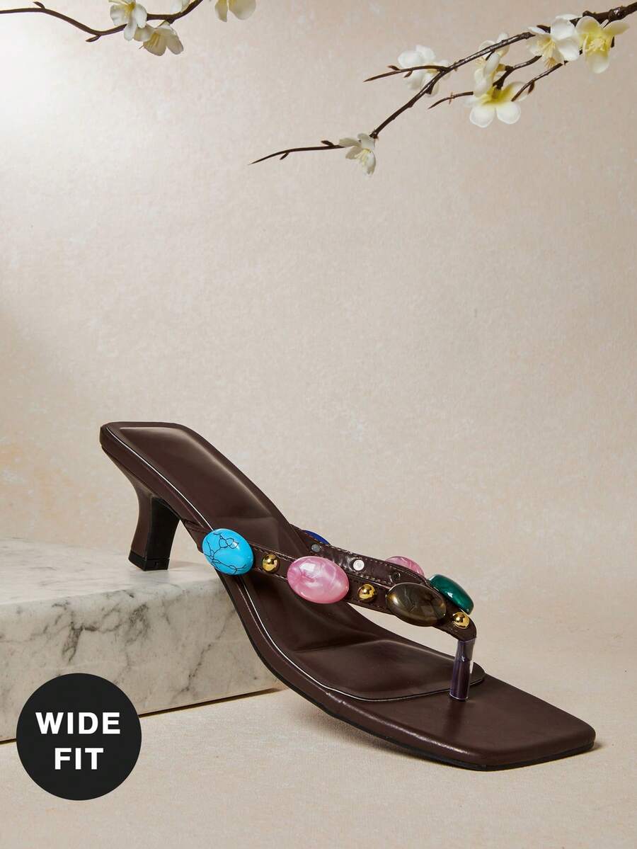 SHUZIA Women's Fashion Square Toe High Heel Thong Sandals - Coffee Brown - View 1