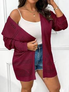 Elenzga Cardigan Panjang Wanita Ukuran Besar untuk Liburan & Perjalanan Santai, Warna Polos, Berongga, Musim Gugur/Dingin - Burgundy - View 3