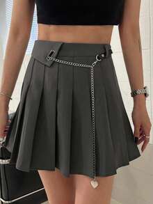 Falda plisada casual con estampado de lunares para mujer - Gris - Ver 2
