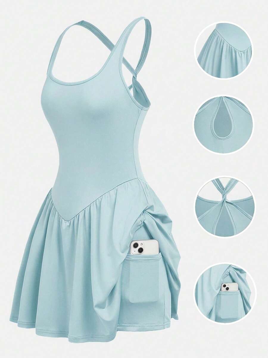 SHEIN Girlism 少女休闲运动纯色交叉露背连衣裙 - 淺藍色 - 查看 1
