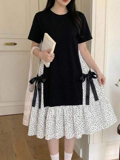 Teen Girl Polka Dot Contrast Color Block Short Sleeve Mid-Length Dress, Suitable For Teen GirlSuitable For School, Outdoor Activities, Shopping, Button-Down Dress