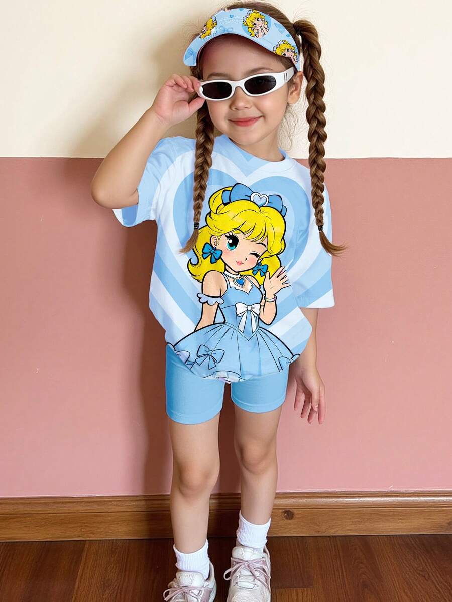 Bộ 2 món gồm áo thun ngắn tay cổ tròn và quần short in hình hoạt hình bé gái và trái tim màu xanh dương tươi sáng, trang phục thường ngày thoải mái cho mùa xuân/hè, thể thao, dã ngoại, họp mặt. - trắng - Xem 1