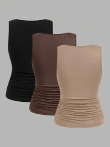 SHEIN LUNE 女款純色休閒百搭背心上衣 3 件組 日常穿著 - 彩色 - 查看 11