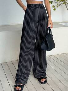 DAZY Striped Fold Pleated Tailored Pants, Women Dress Pants Business Attire - Black - View 8