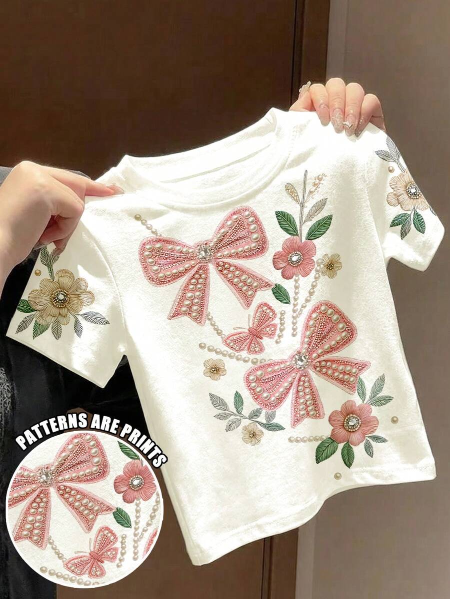 少女粉色蝴蝶結壓花T恤,波西米亞植物復古植物印花T恤,淡雅花卉自然T恤,園藝愛好者禮物,Chill Chill,休閒極簡圓領短袖T恤,適合夏季,可愛,夏季兒童用品,夏季出遊用品,韓系風格,輕鬆舒適,時尚兒童,Y2K,Kawaii,派對,日常,度假,可愛,舒適,鄉村風,週末休閒,家庭出遊,拍照 - 彩色 - 查看 1