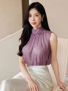 DAZY 春夏休闲奢华小众雪纺系领衬衫，优雅真丝女式衬衫 - 紫色 - 查看 1