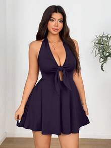 Sunnyshic Stretchy Knit Tie-Front Bow Dress Fall - Purple - View 4