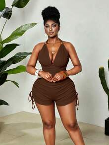 Maweii Plus Size Women's Chocolate Brown Summer Classy Vacation Holiday Bodycon Romper,Halter Neck Metal Decor Button Bow Tie Backless Side Drawstring - Brown - View 4