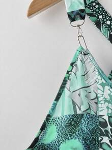 Linhara 大码女式休闲波西米亚风印花连体裤，适合度假 - 綠色 - 查看 4