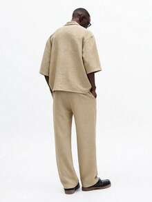 SUMWON Relaxed Linen Feel Short Sleeve Collared Shirt Textured Breathable Casual Summer Resort Vacation Coordinate Matching Set Beige,Linen Two Piece Set For - Khaki - View 2