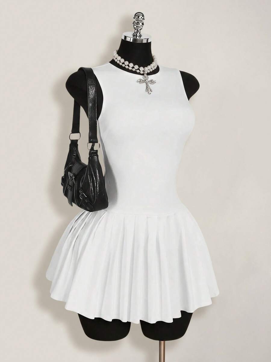 SHEIN ICON 女士纯色圆领褶皱无袖迷你连衣裙 - 白色 - 查看 1