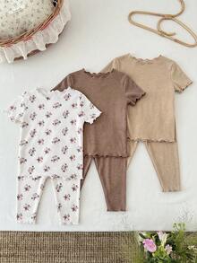 LMoss Kids 6件套女婴可爱休闲碎花弹力针织连体衣套装 - 卡其色 - 查看 2