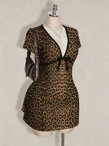 SHEIN ICON 大码女式深V领复古豹纹蝴蝶结短袖A字连衣裙，适合返校、休闲、度假、夏季穿着 - 彩色 - 查看 6