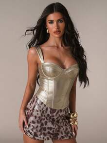SHEIN BAE Áo corset nữ màu trơn thanh lịch, chất liệu vải mạ vàng, thích hợp cho kỳ nghỉ biển, tụ họp bạn bè, tiệc sinh nhật, hẹn hò, áo hai dây sang trọng, màu vàng, lễ hội âm nhạc, dạo phố thường ngày. - Vàng - Xem 5
