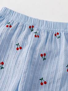 2pcs Baby Girls' Red Cherry Print Comfortable Jacquard Collar Short Sleeve Top And Pants Homewear Set - Blue - View 6