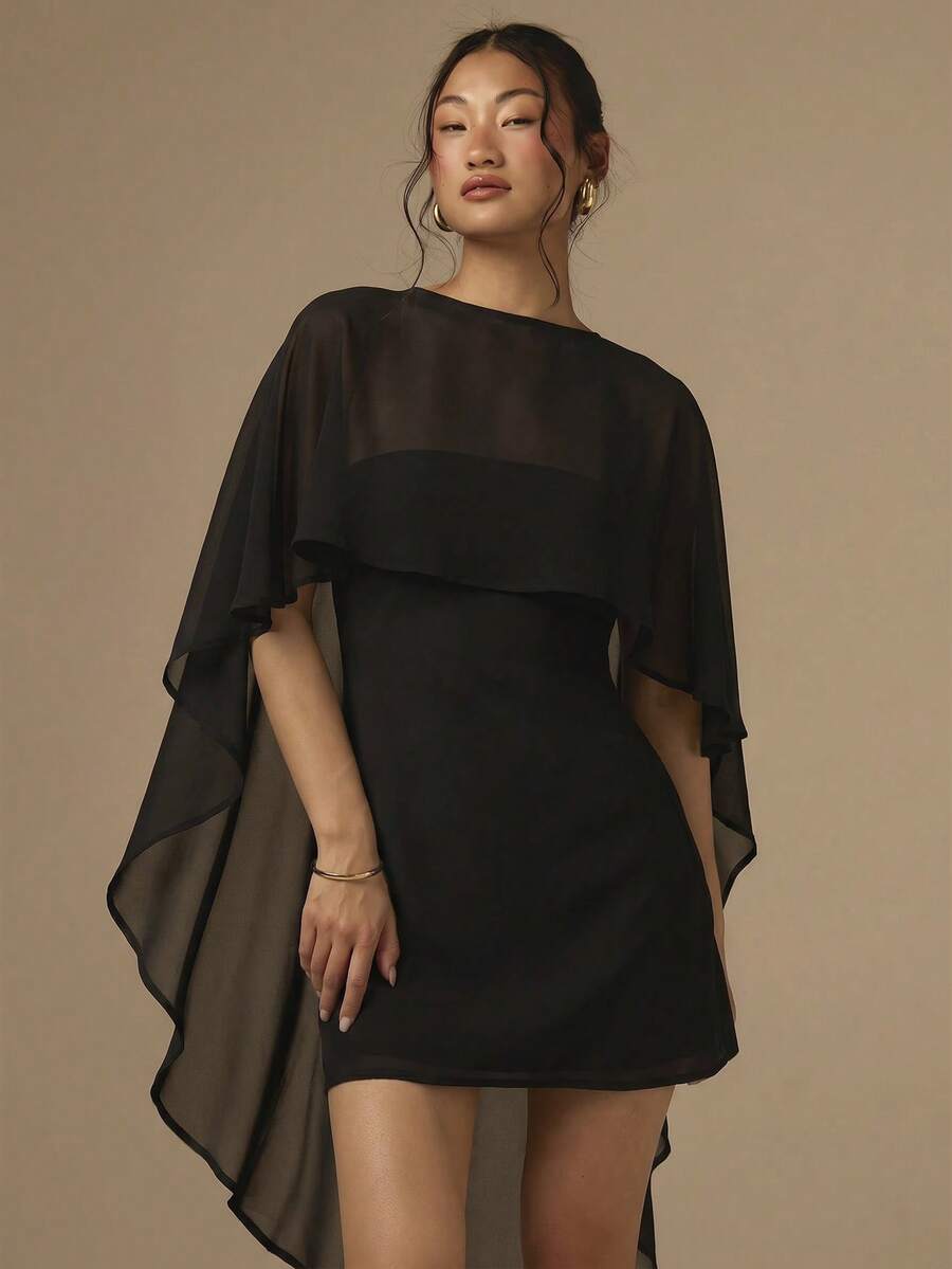 COSMINA 两件套女士缎面斜裁迷你连衣裙及披肩,纯色鸡尾酒会礼服,适合婚礼、派对、活动、度假等场合,白色 - 黑色 - 查看 1