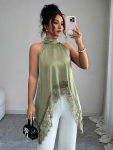 SHEIN Elenzya 女款優雅對比蕾絲不對稱下擺掛脖上衣，適合夏季度假 - 綠色 - 查看 4