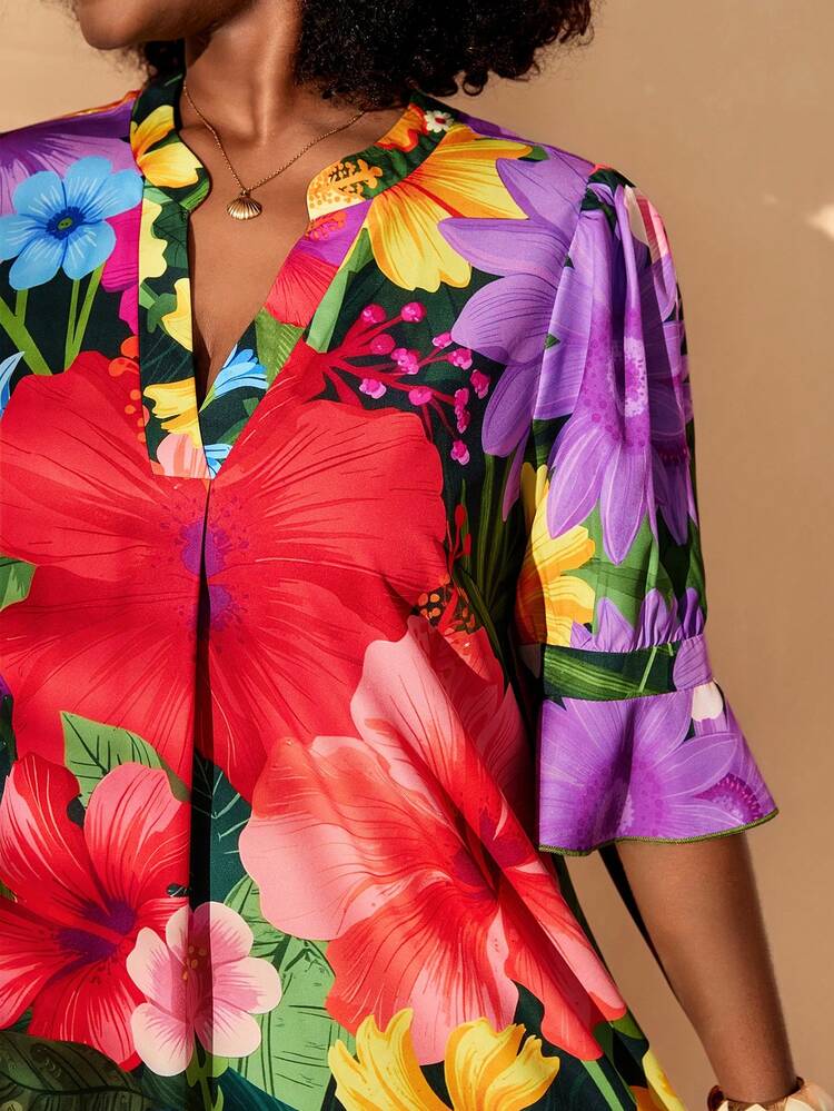 Plus Size Floral Print Casual Vacation Dress