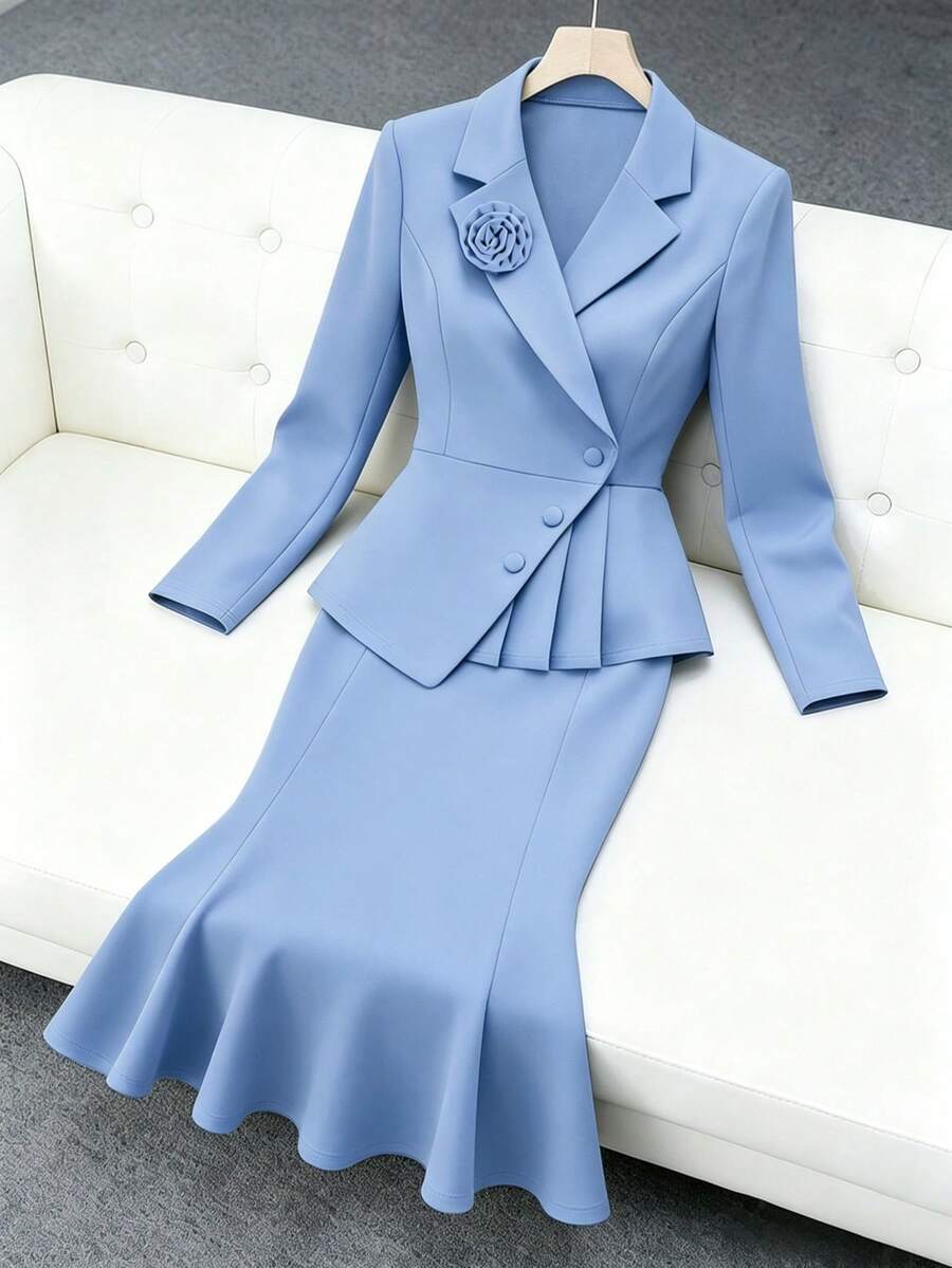 Modelyn 大码纯色立领长袖优雅褶皱花卉装饰时尚套装 - 霧霾藍 - 查看 1
