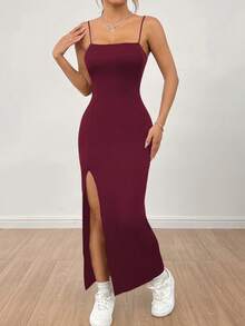 PETITE Vestido largo negro de mujer con correa de abertura alta y unicolor - Beis - Ver 6