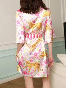 Chillnights Young Casual Vacation Leopard & Floral Pattern Mid-Sleeve Satin Robe For Women - Multicolor - View 2