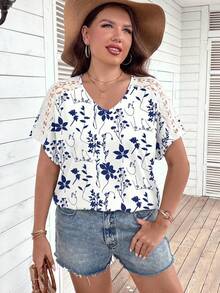 Comfylo Plus Size V-Neck Hollow Floral Print Casual Short Sleeve T-Shirt, Summer - Multicolor - View 6