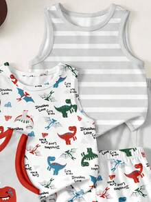 Young Boys Casual Simple Tank Tops 3pcs Set For Summer, Classic Cute Dinosaur, Pterosaur Pattern Print, Brave Dinosaur Cartoon Pattern Print - Multicolor - View 4