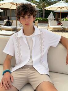 Tween Boy Geometric Print Short Sleeve Shirt And Shorts Casual Set - Khaki - View 7