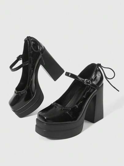 Sugerpunk Women's Sexy And Fashionable Dark Glossy Closed-Toe Platform High Heels, Gothic Punk Style Platform Woven Bow Strap Decoration With Metal Elastic Back Strap Buckle Design, Nightclub Party And Festival Women's Shoes