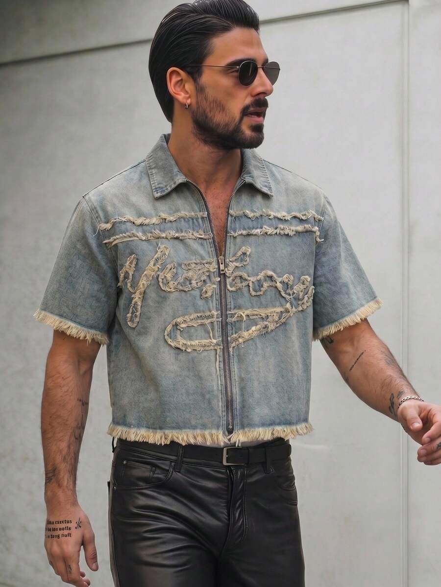 GENTILAND Chaqueta de moda con bordado y aplicaciones lavadas para hombre - Azul - Ver 1