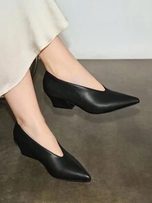 Bholvia Women Pointed Toe Chunky High Heel Shoes, Spring/Autumn Fashionable PU Leather Comfortable Black Slip-On Pumps Suitable For Daily Wear, Dinner, Formal Occasions,Elegant - Black - View 2