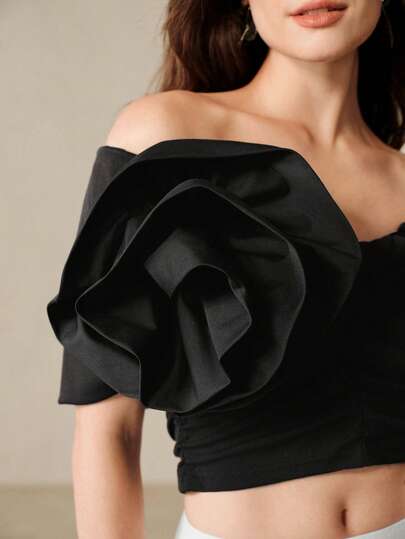 Aveloria Rosie Fashionable Versatile Solid Color 3D Floral Design Elegant Knit Blouse For Women, Spring/Summer