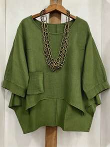 Linhara Camisa de cuello redondo de color verde sólido con dobladillo asimétrico, de estilo retro, casual, sencilla y versátil, perfecta para atuendos de primavera/verano para mujeres de talla grande - Verde - Ver 5