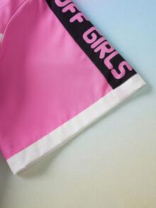 THE POWERPUFF GIRLS X SHEIN Áo sơ mi ngắn tay in chữ dành cho nữ - - Hồng - Xem 5