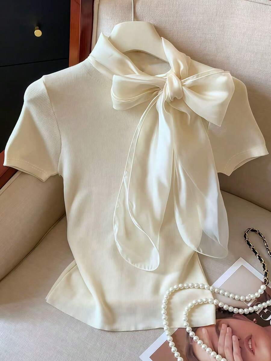GlowEve Blusa de manga corta con decoración de lazo elegante para mujer, de verano - Albaricoque - Ver 1