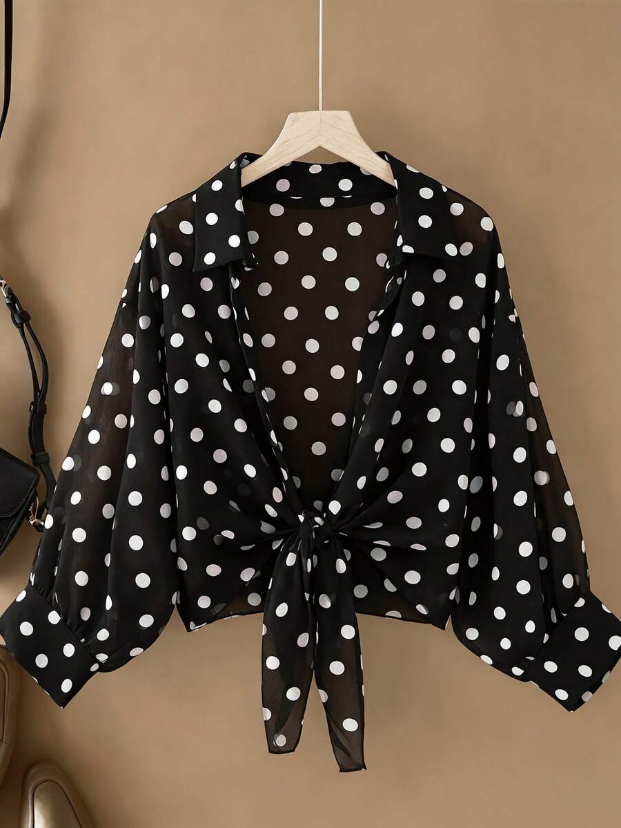 GlowEve CURVE Plus Size Women Casual Loose Solid Color Twist Front Blouse, New Bat Wing Cropped Casual Chiffon Bolero Shrug, Women Solid Color Shirt Fall - Black and White - View 1