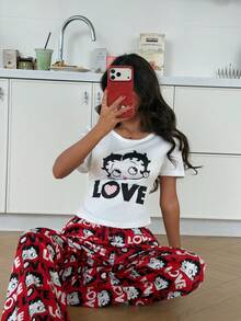 ZzzCrew Betty Boop x SHEIN Casual Cute Women Short Sleeve Pajama Set - White - View 5