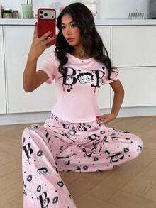 ZzzCrew Betty Boop x SHEIN بيجامة قصيرة الأكمام كاجوال كرتونية للنساء - وردي - مشاهدة 5