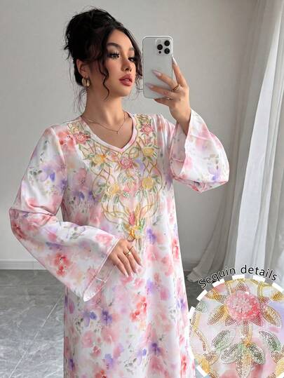 Al Najma Women's V-Neck Long Sleeve Colorful Floral Print Beaded Embroidered Floral Collar Flared Maxi Dress, Spring/Summer