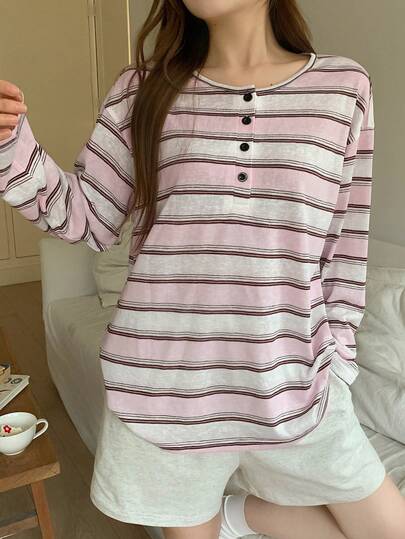 DAZY Women's Striped Round Neck Long Sleeve Top And Shorts Casual Loungewear Set