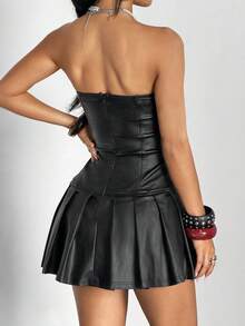Jeanoix Y2K Sexy Women's Coated Mini Pleated Dress Night Out Black Summer - Black - View 2