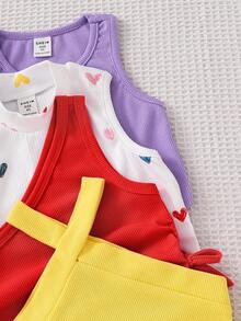 Set de 4 piezas de chaleco de punto de unicolor con patrón de corazón para niña - Rojo - Ver 4