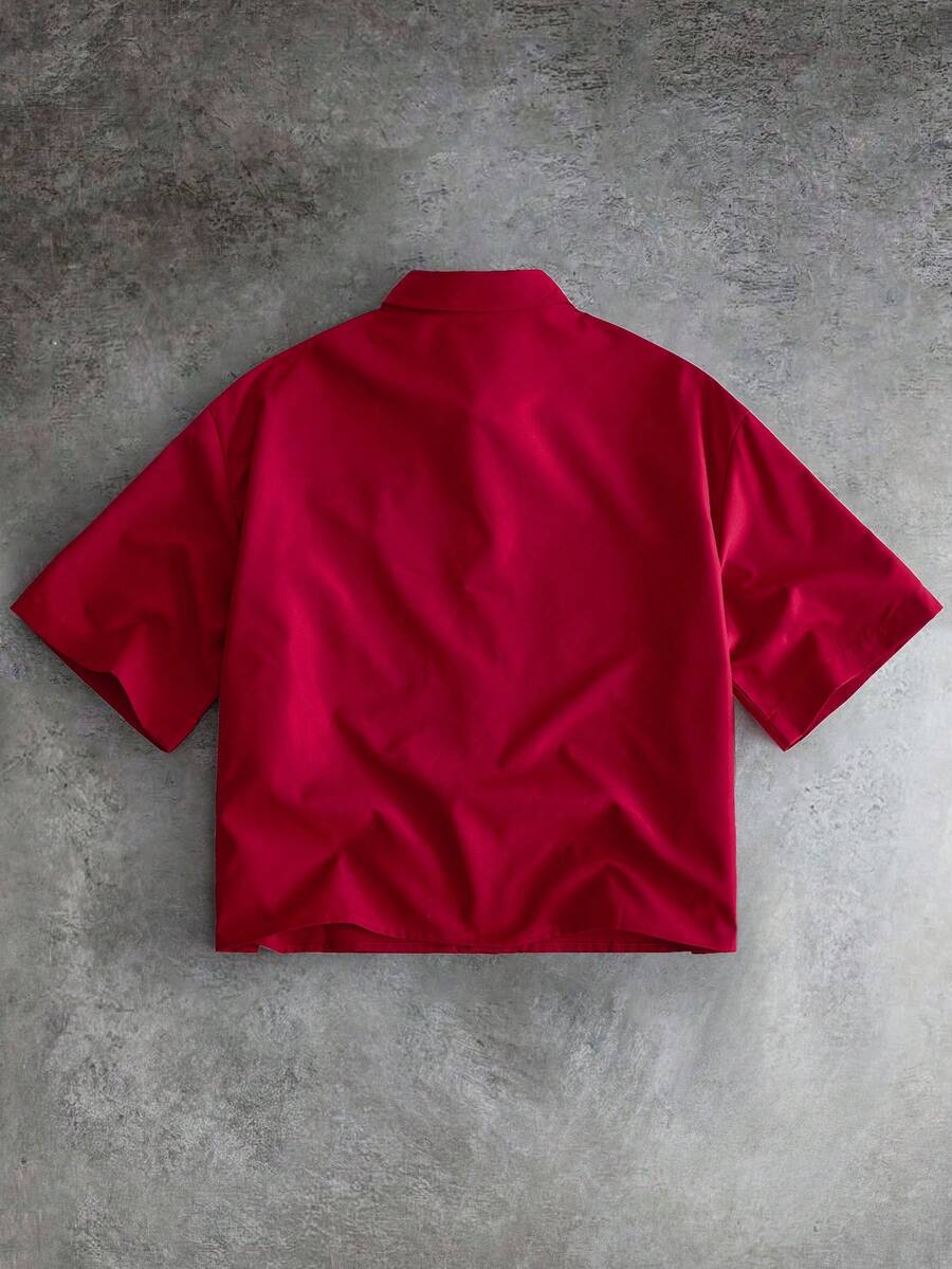 GETOML 男士紅色金屬裝飾休閒短袖襯衫,度假、父親節禮物 - 紅色 - 查看 1