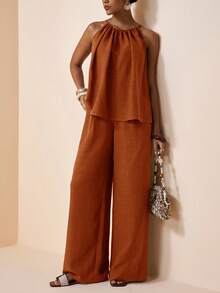 Zivah Women's Rust Brown 2-Piece Outfit,Elegant Summer Vacation Holiday Set,Halter Neck Ruched Loose Top & Ruched Wide Leg Pants With Real Pockets,Bamboo - Redwood - View 7