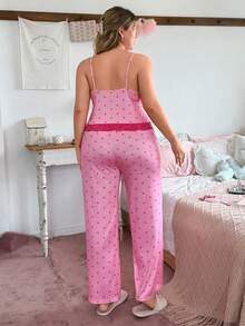 Slumberry CURVE Conjunto de pijama cómodo y ajustado de talla grande con estampado de corazón a contraste y encaje a contraste - Rosa - Ver 2