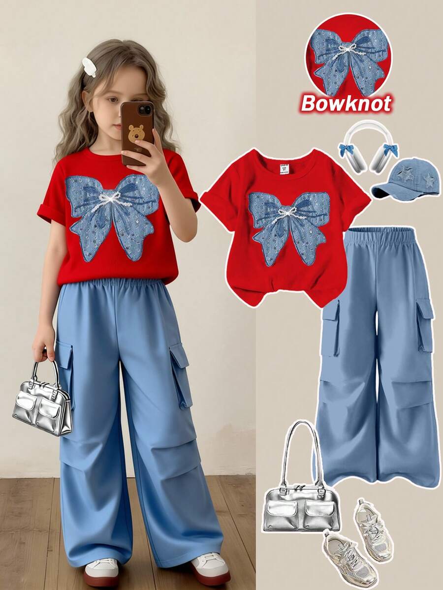 SHEIN ChillGRL 2 pièces/Set T-shirt décontracté et pantalon cargo pour préadolescentes, T-shirt à manches courtes col rond avec motif brodé en forme de nœud et pantalon, tenue à la mode pour le printemps/été - Rouge - Voir 1