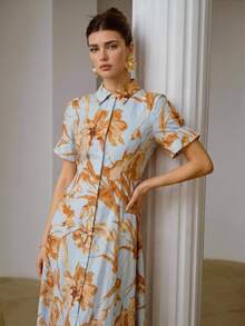 ZEYLAH A-Line Waist Cinching Short Sleeve Shirt Dress - Blue - View 6
