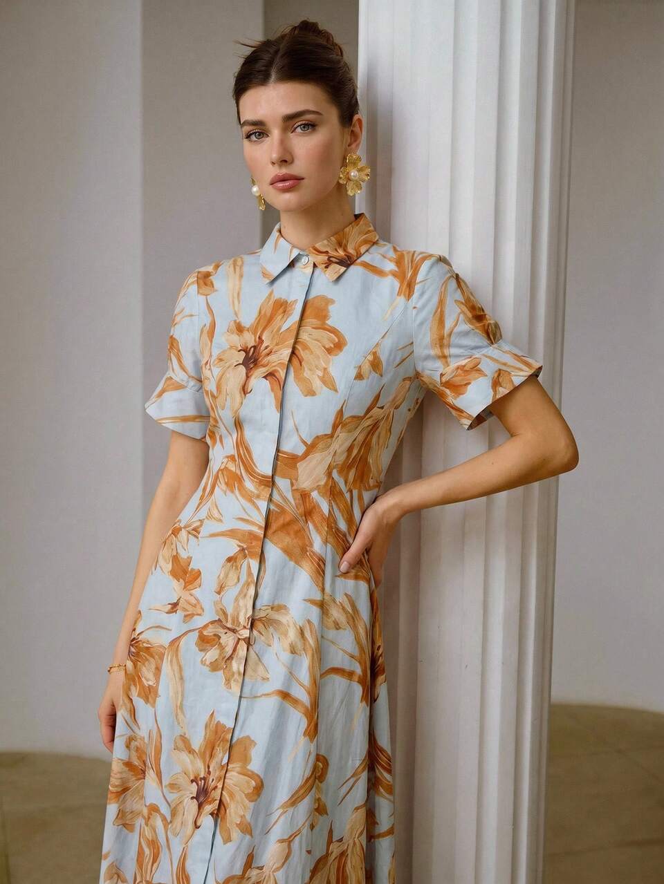ZEYLAH A-Line Waist Cinching Short Sleeve Shirt Dress